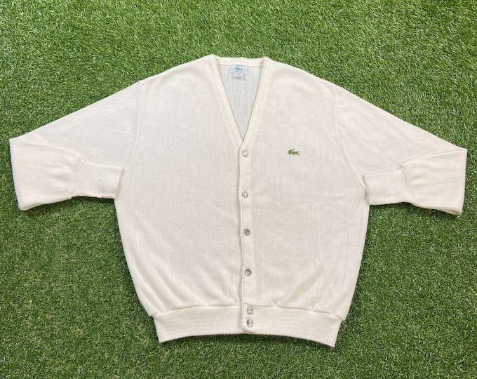Vintage Lacoste Izod Cardigan Sweater Made USA Size Xtra Large XL White 1980s 80s Crocodile Designer Paris Streetwear Comfy Button Down