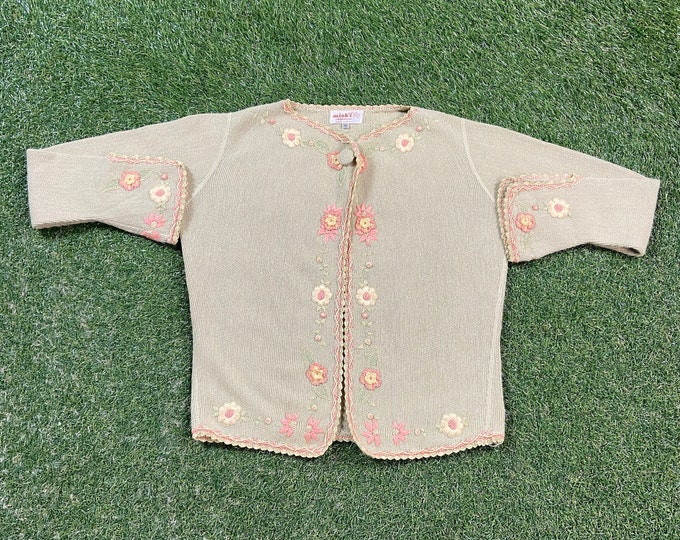 Vintage Floral Knit Cardigan Sweater Size Medium M Flowers Gardening Love Bees Caterpillars Nature Plants 1980s 80s