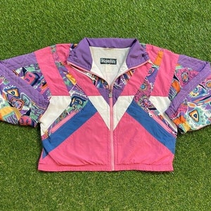 Vintage Graphic Windbreaker Zip Up Jacket Kaelin Size Medium M Multicolor Streetwear Sport Active Wear Classic Light Rain Coat 1990s