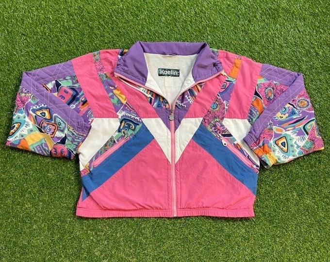 Vintage Graphic Windbreaker Zip Up Jacket Kaelin Size Medium M Multicolor Streetwear Sport Active Wear Classic Light Rain Coat 1990s