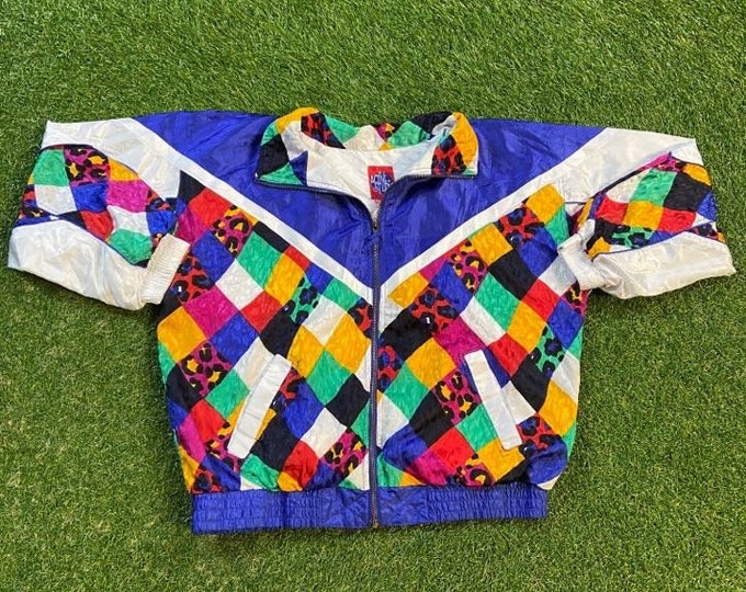 Vintage Graphic Windbreaker Zip Up Jacket Active Studio Size Small S Multicolor Streetwear Sport Active Wear Classic Light Rain Coat 1990s