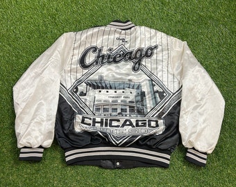 Vintage Chicago White Sox Satin Snap Jacket Chalk Line Made USA Size Large L Bomber MLB Baseball Illinois 1990s 90s