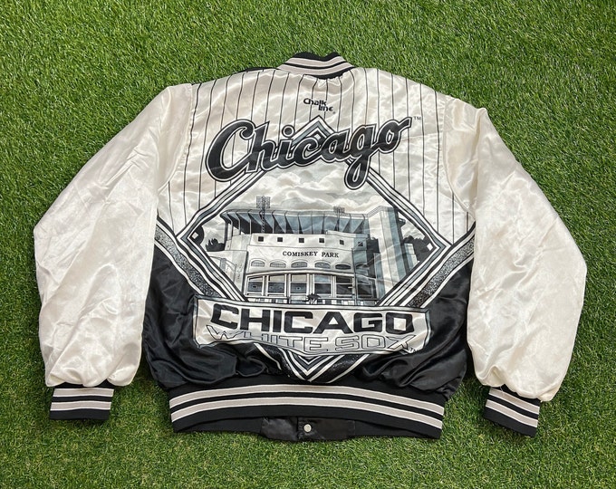 Vintage Chicago White Sox Satin Snap Jacket Chalk Line Made USA Size Large L Bomber MLB Baseball Illinois 1990s 90s