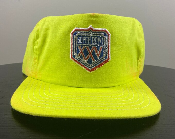 Vintage Super Bowl XXV 1991 Neon Yellow Snapback Hat Cap New Era Made USA OSFA Nfl Football 1990s 90s Deadstock