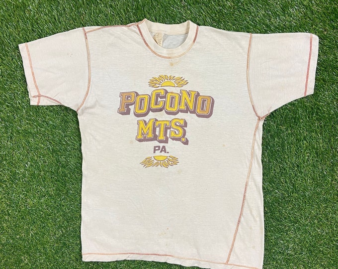 Vintage Pocono Mountains T Shirt Tee Action Sportswear Size Medium M Pennsylvania Forrest Lakes Valleys 1970s 70s tee