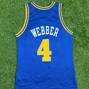 May include: A blue basketball jersey with yellow trim and the name "WEBBER" and the number "4" on the back.