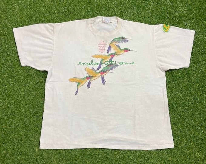 Vintage Hummingbirds Explorations T Shirt Tee Made USA Size Xtra Large XL Birds Animals Habitat Nature All Over Print Art Cool 1990s 90s