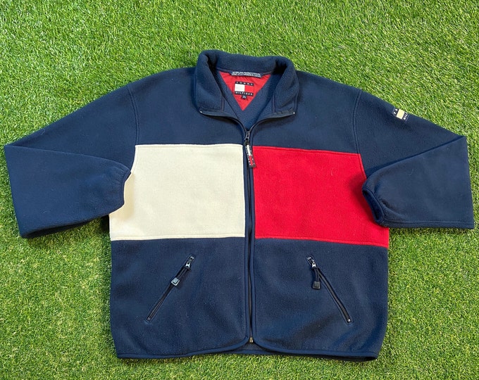 Vintage Tommy Hilfiger Zip Up Sweater Size Xtra Large XL Quality 90s TH Comfortable 1990's Fit Big Flag Color Block Streetwear Fleece