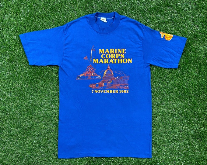 Vintage USMC 1982 Marines Corps Marathon T Shirt Tee Velva Sheen Made USA Size Medium 1980s Marines Army United States Military Veteran 80s