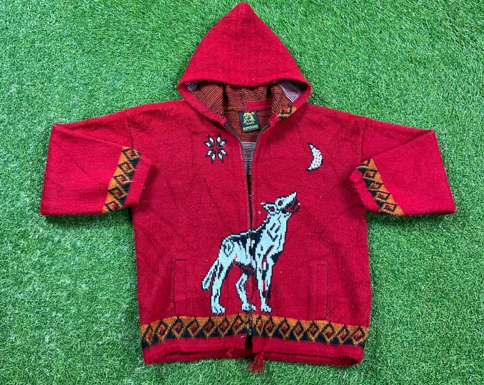 Vintage Wolf Hoodie Sweater Tejidos Size Small S Wolves Wolf Pack Rare Animals Habitat Warm Classic Quality Fit 1980s BROKEN Zipper AS Is