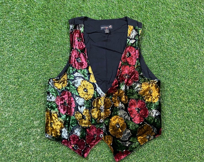 Vintage Floral Vest Thums Up Size Medium M Butterflies Flowers Gardening Love Bees Caterpillars Nature Plants 1990s 90s