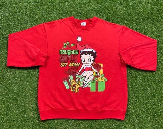 Vintage Betty Boop Xmas Crewneck Sweatshirt Freeze Size Large L Cartoon Animation TV Show Pink Character Film Series 1990s 90s Pull Over