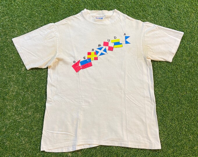 Vintage Bermuda T Shirt Tee Hanes Made USA Size Large L North Atlantic Ocean Beautiful British Island Beach VTG 80s 90s All Over Print