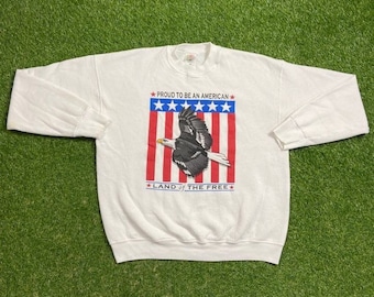 Bluza z okrągłym dekoltem w stylu vintage „Dumni z bycia Amerykaninem” rozmiar XL USA Flaga amerykańska Stany Zjednoczone Ameryki Gwiazdy i paski Orzeł bielik lata 90.