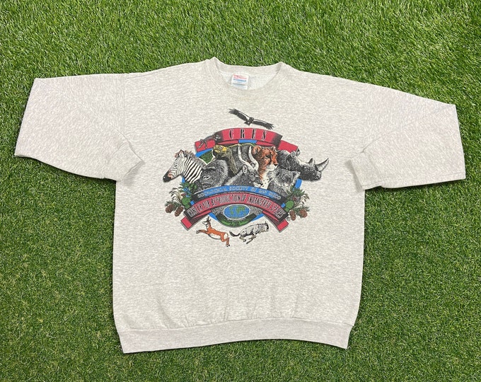 Vintage Zoological Society of San Diego Crewneck Sweatshirt Hanes Size Large L All Over Print Rare Classic Safari Jungle California 1990s