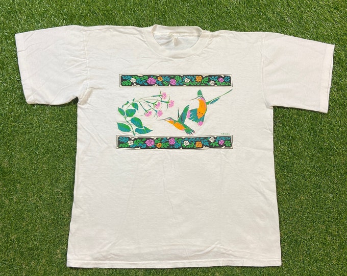 Vintage Flowers Hummingbirds T Shirt Tee Size Medium M Bees Caterpillars Butterflies Nature Plants 1990s 90s