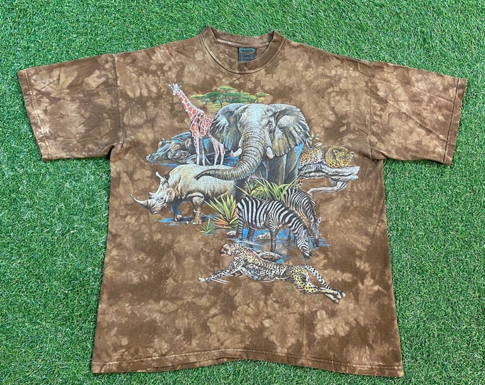 Vintage Animals T Shirt Tee Habitat Size Xtra Large XL Elephant Zebra Cheetah Rhino Giraffe Animals Jungle Safari 1990s 90s All Over