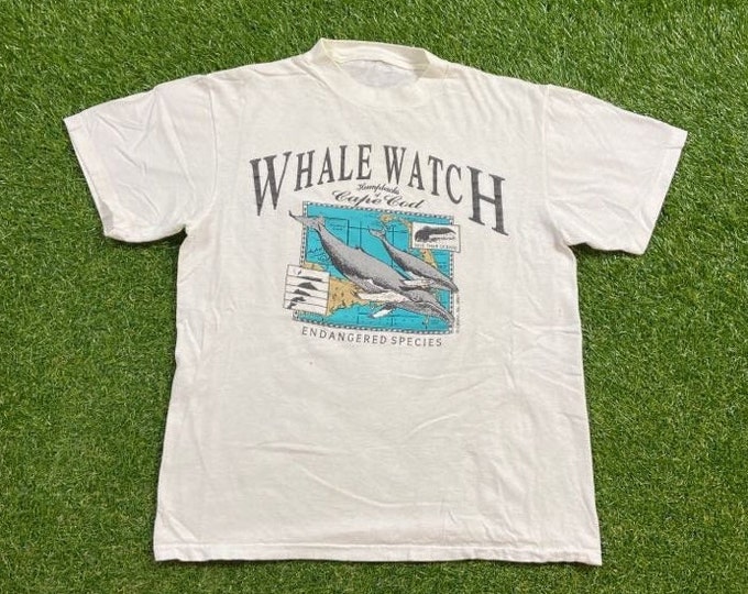 Vintage Whale Watch T Shirt Tee Size Small S Endangered Species Cape Cod Marine Mammals Sea Life Sea World Planet Ocean 1990s 90s