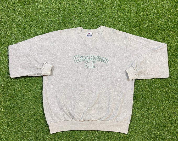 Vintage Gray Champion Spellout Crewneck Sweatshirt Xtra Large XL Quality 1990's Oversized Great Fit Original 90s Pull Over Inside Out