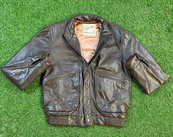 Vintage Brown Leather Jacket Clipper Mist Size Small S Large Genuine Leather American Apparel Cozy Very Warm Coat