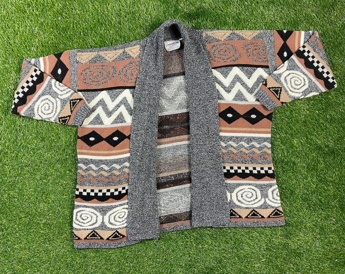 Vintage Custom Design Brown Gray Cardigan Sweater Made USA Size Medium M