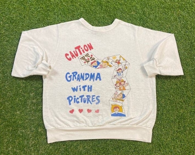 Vintage Caution Grandma With Pictures Crewneck Sweatshirt Size Youth Large Family Quality Oversized Comfy Great Fit Original 90s Pull Over