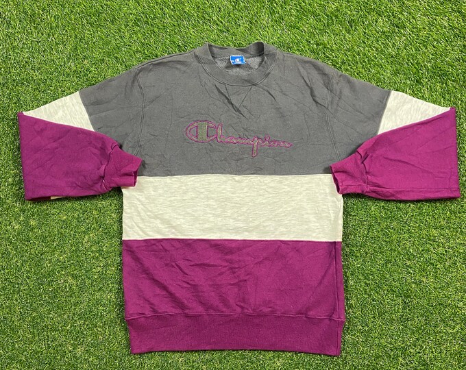 Vintage Gray Burgundy Champion Crewneck Sweatshirt Large L Quality 1990's Oversized Great Fit Made USA Original 90s Pull Over Tri Color
