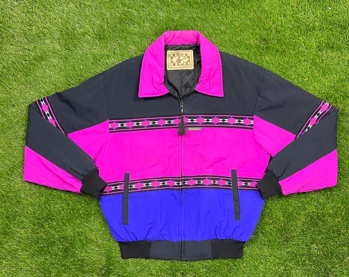Vintage Graphic Rode Walker Zip Up Jacket XL Multicolor Streetwear Sport Active Wear Classic Light Coat 1990s 90s Aztec Warm Pink Neon