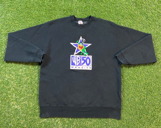 Vintage Warner Bros 50th Anniversary Crewneck Sweatshirt Fruit of the Loom Made USA Size Large L WRAZ TV 1990s 90s Pull Over Frog