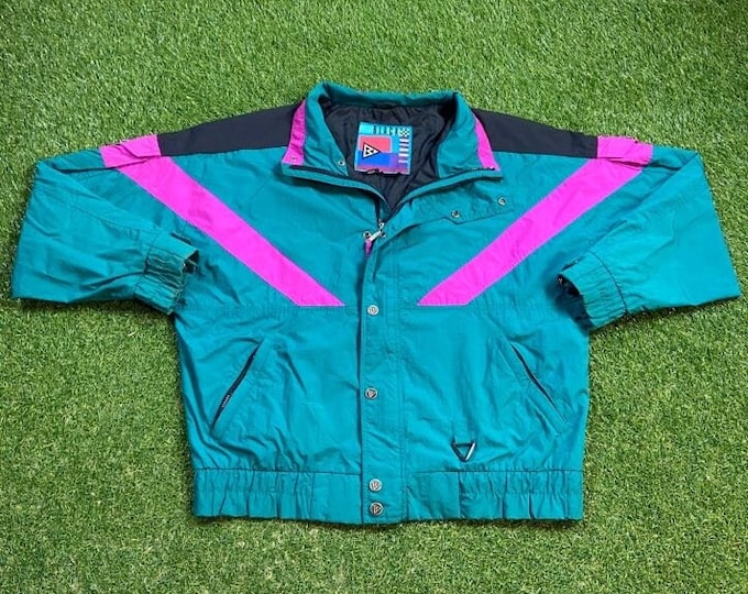 Vintage Graphic Windbreaker Zip Up Jacket Xtra Large XL Multicolor Streetwear Sport Active Wear Classic Light Rain Coat 1990s Ski Jacket