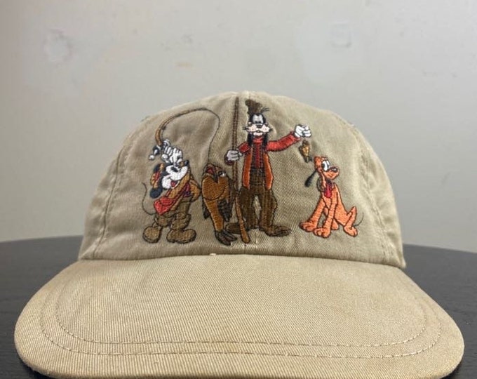 Vintage Walt Disney World Strap Back Hat Cap The Disney Store Made USA OSFA WDW Magic Kingdom Mickey Mouse Goofy Pluto 1990s Longbill