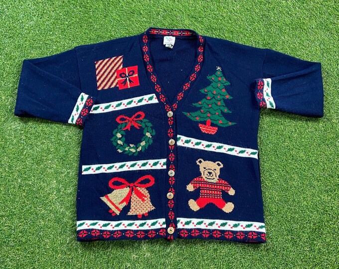 Ugly Christmas Cardigan Sweater Vintage Tacky Holiday Party Merry Santa Claus Decorations Classic Xmas 90s Winter Knit Classic Size Large