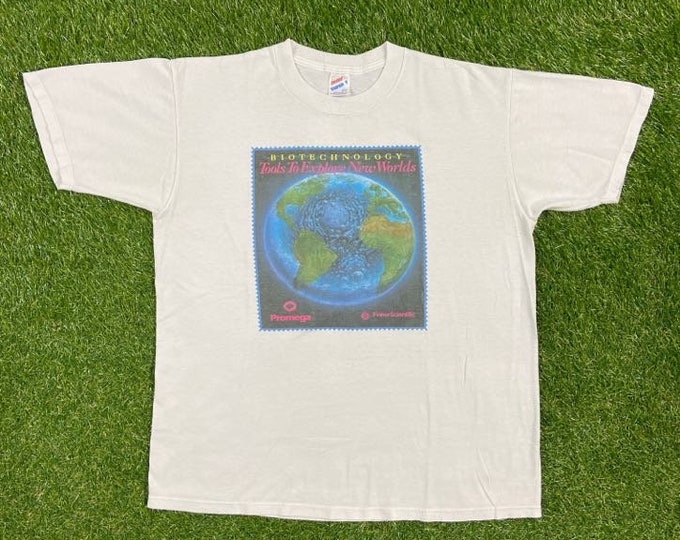 Vintage Biotechnology Tools to Explore New Worlds T Shirt Tee Jerzess Made USA Size Large L Promega Fisher Scientific Earth Globe World Tee
