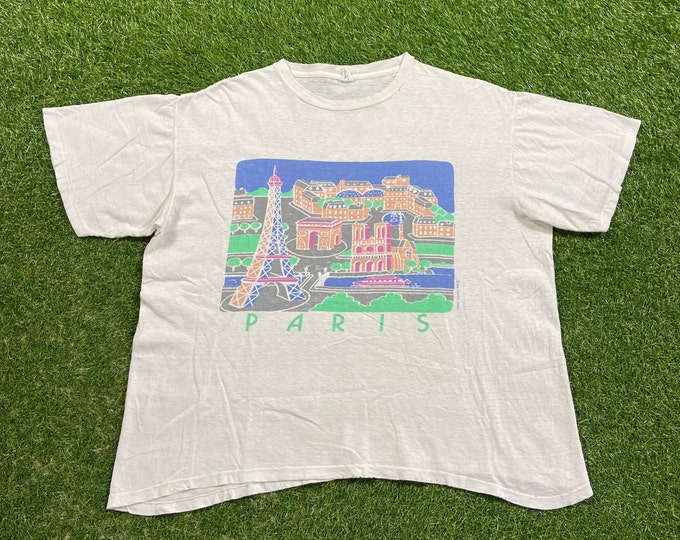 Vintage Paris T Shirt Tee Original Fury Made USA Size Large L France Eiffel Tower Paris Europe 1990s 90s