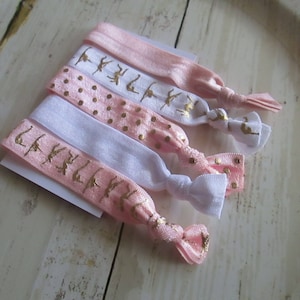 Set of 5 Gymnastics Elastic Hair Ties - Birthday party favors, solid & pattern, No tug hair ties