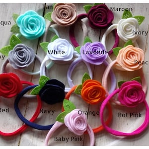 Felt Rose Baby Headband: Nylon Band with Leaf Accent
