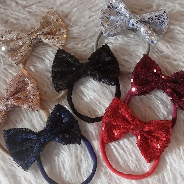 Sequin 3" Bow Headbands, You pick, Sparkle Sequin Bow on nylon Headband for Baby Toddlers Girls, Party- New Year's- Holidays!!!