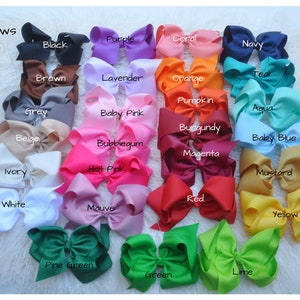 May include: A collection of 5-inch bows in various colors, including black, purple, coral, navy, teal, brown, lavender, orange, pumpkin, aqua, grey, baby pink, burgundy, beige, bubblegum, baby blue, magenta, hot pink, ivory, mustard, red, white, mauve, yellow, pine green, lime, and green.