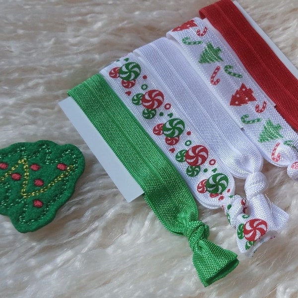 Set of 5 Christmas Elastic Hair Ties, Party favors, kids' activity, stocking stuffers, solid & pattern, no tug hair ties, bracelets.