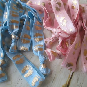 Is it a boy or a girl? Gender reveal party hair ties or brcelets, party favors, baby feet pattern, No tug hair ties, baby shower