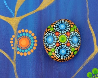 Summer breeze, mandala stone hand painted, dot art, acrylic painting