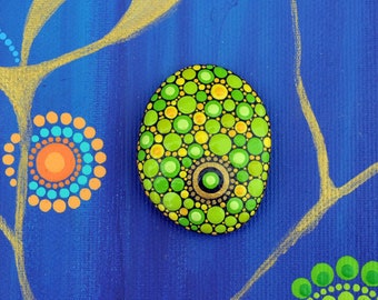 Lime - cute painted stone in yellow orange green, dot art acrylic painting