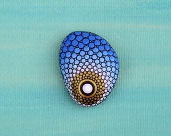 Bluewing - Mandala stone, hand painted stone, dot art