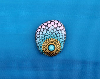 Fairy wings - hand painted mini mandala stone in gold turquoise pink, dot art