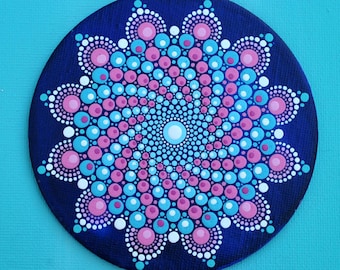 Magnet Mandala Blume - Hinata - bemalte Leinwand, original Punkt-Kunst Acrylmalerei Dot-Art Unikat Kühlschrankmagnet