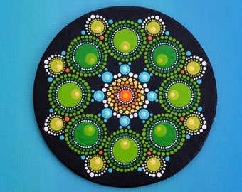 Magnet Mandala Blume - Grünfink - bemalte Leinwand, original Punkt-Kunst Acrylmalerei Dot-Art Unikat Kühlschrankmagnet