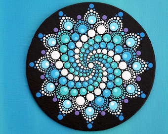 Magnet Mandala Blume - Wasserstrudel - bemalte Leinwand, original Punkt-Kunst Acrylmalerei Dot-Art Unikat Kühlschrankmagnet