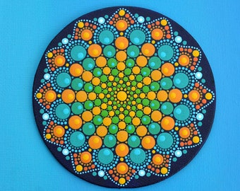 Magnet Mandala Blume - Orangenbaum - bemalte Leinwand, original Punkt-Kunst Acrylmalerei Dot-Art Unikat Kühlschrankmagnet
