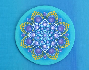 Magnet Mandala Blume - Abendstern -  bemalte Leinwand, original Punkt-Kunst Acrylmalerei Dot-Art Unikat Kühlschrankmagnet