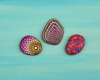 Set of three magnets, hand-painted stones, unique, fridge magnet